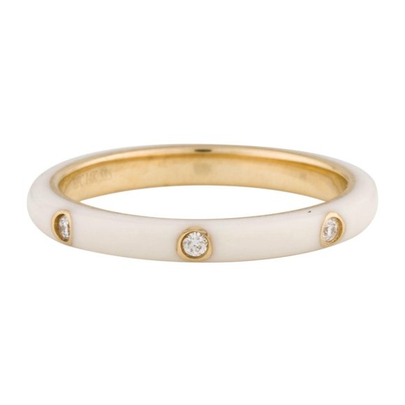 EF COLLECTION 14K DIAMOND & ENAMEL WHITE STACK RING 3 diamond 5 points each - Picture 2 of 5